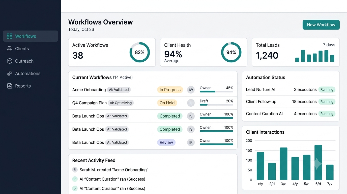 AI operating system dashboard showing active workflows, automation status, and client health metrics